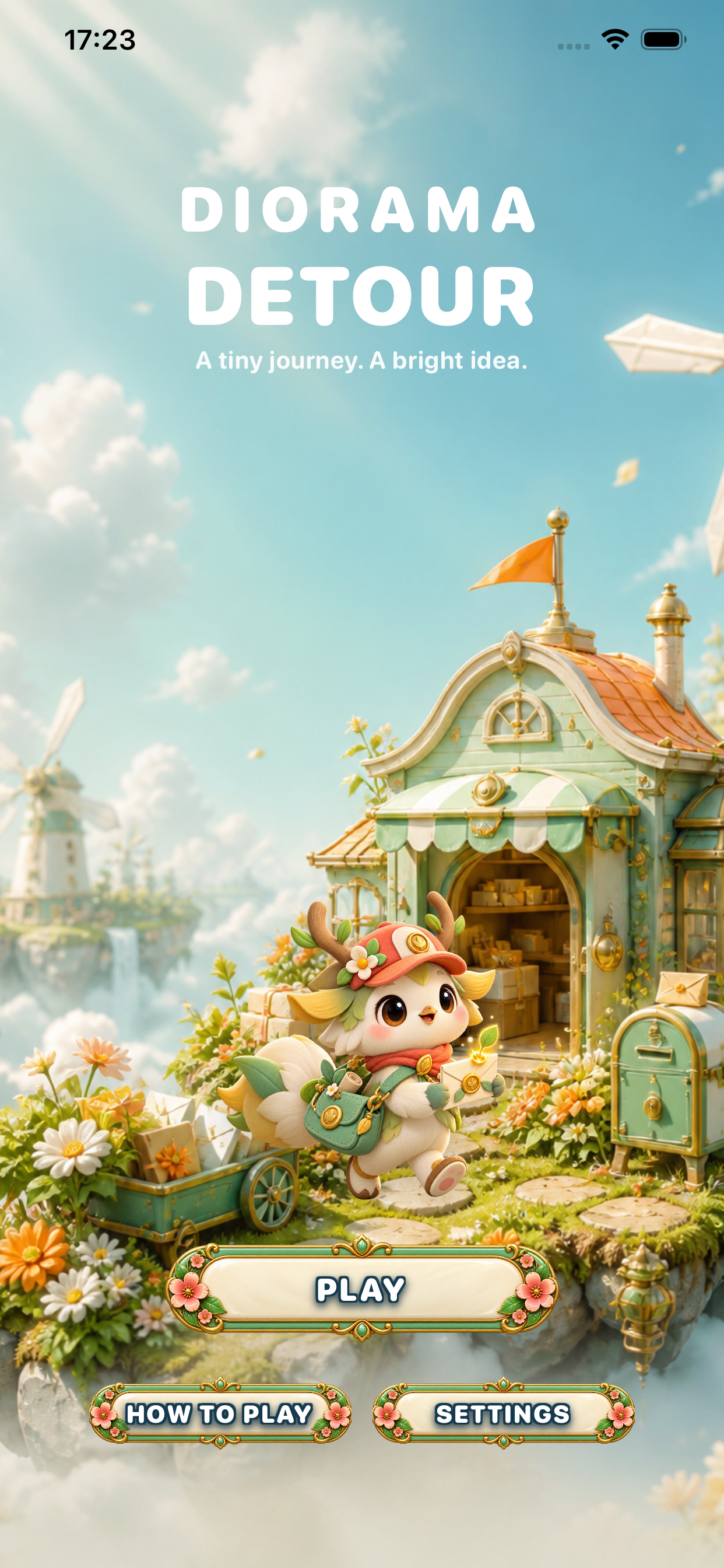 Diorama Detour home screen with a little animal courier in a floating garden